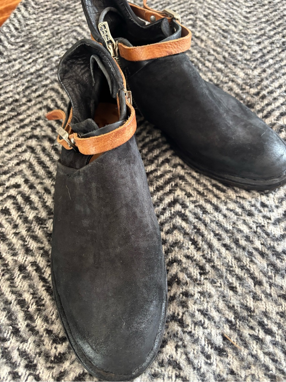 A.S.98 Black Suede Ankle Boots with Brown Strap